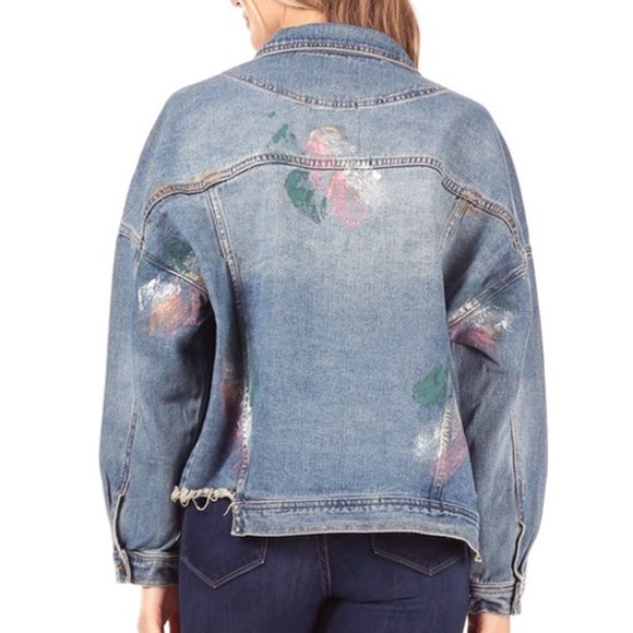 NEW Oversize Retro 70s 80s Paint Splatter Splash Distressed Hem Denim Jacket - Picture 4 of 6